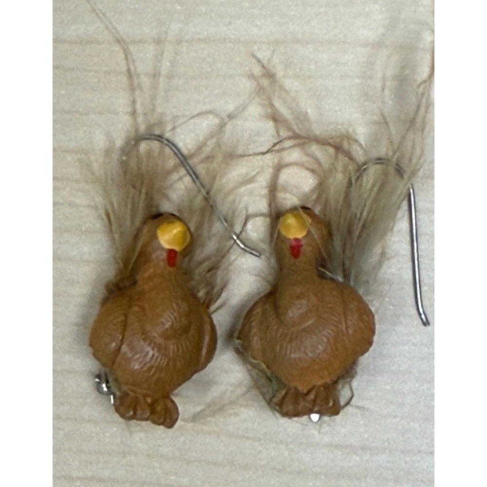 Handcrafted Turkey Earrings Brown Feather Thanksgiving Kitsch Novelty Retro OOAK